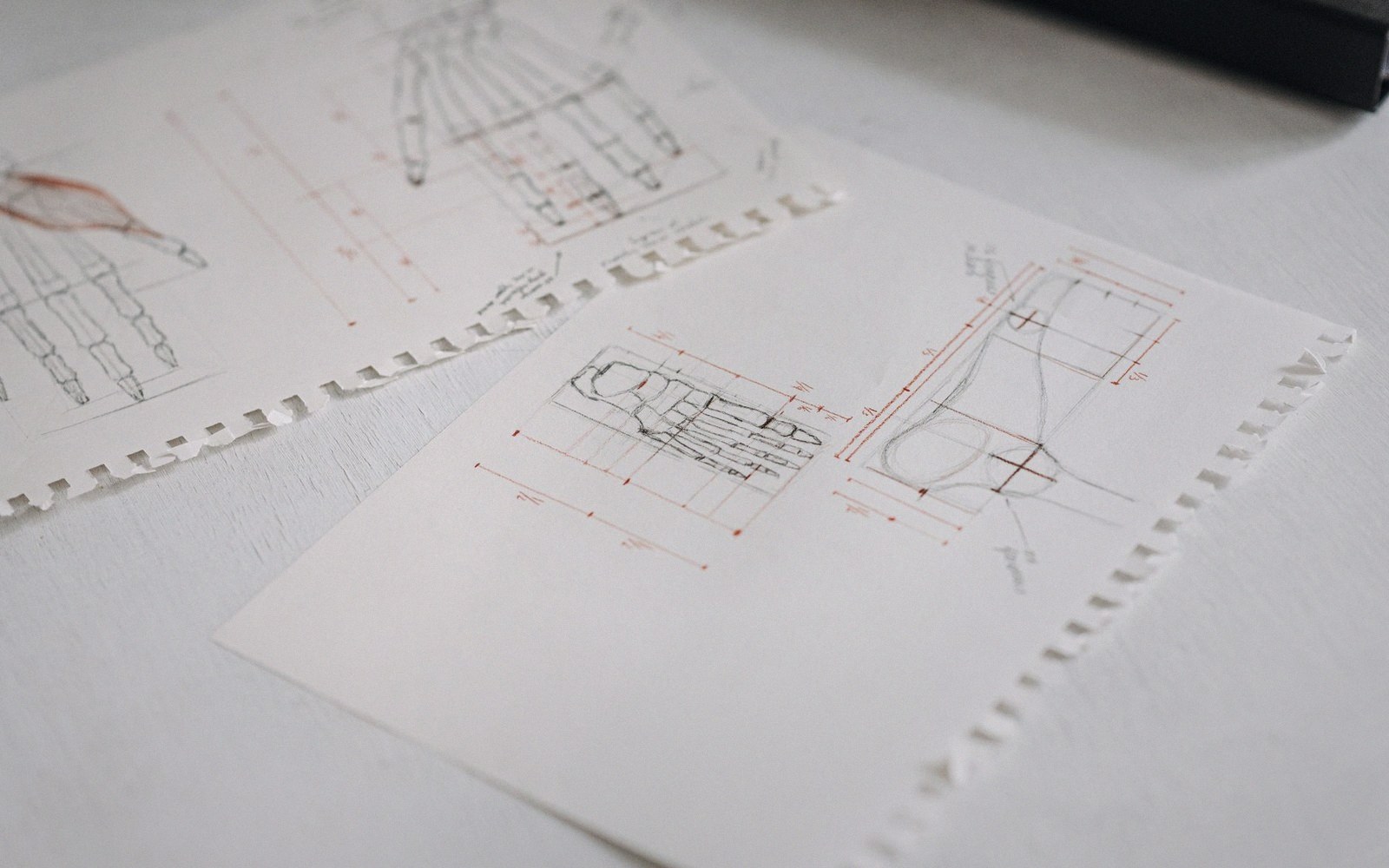 Torn notebook pages show anatomical hand sketches with measurement lines and annotations