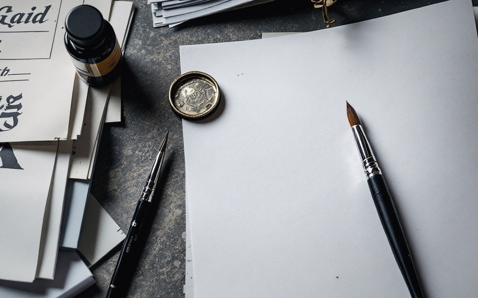 Blank paper, paintbrushes, ink bottle and a coin-like guide sit on a lettering desk